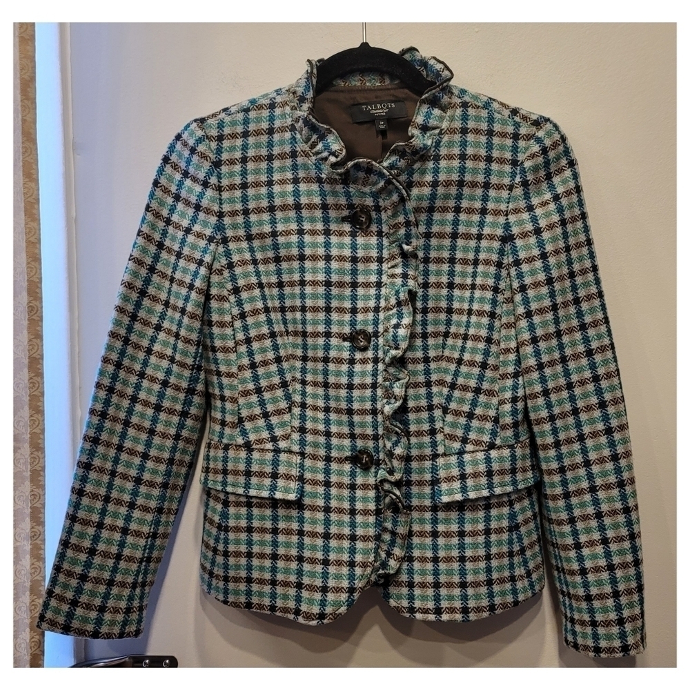 Sz 2P Talbots Wool Blazer Windowpane Plaid Tweed Check Preppy Elbow Patch - Picture 2 of 9
